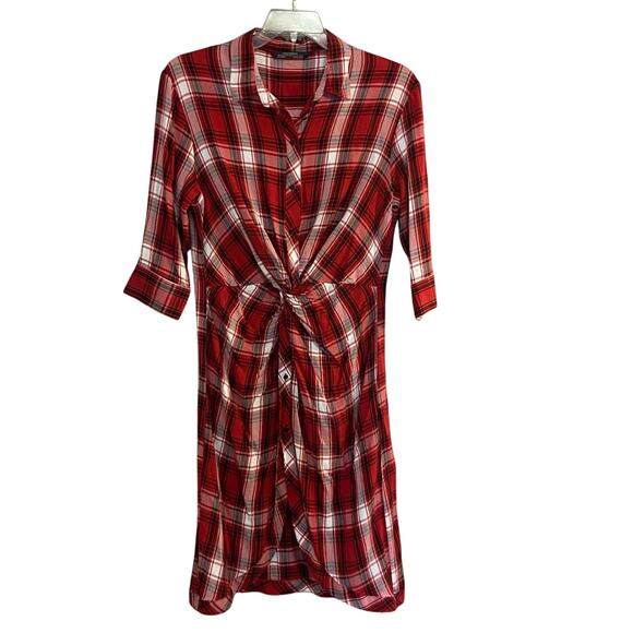ZARA Women's Size XL Red Black White Plaid Twist Front Button Down Midi Dress - Picture 2 of 12